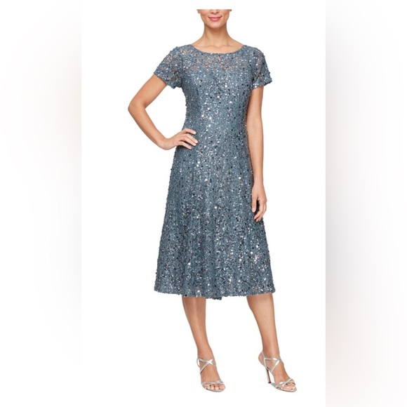 Blue Sequin Embellished Midi Dress with Flutter Sleeves - Picture 1 of 6